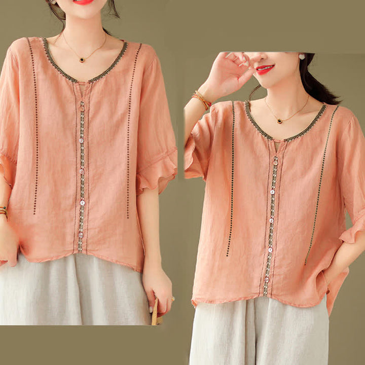 Buddha Stones Camicia da donna a maniche corte svasate con scollo rotondo e bottoni ricamati - image 24