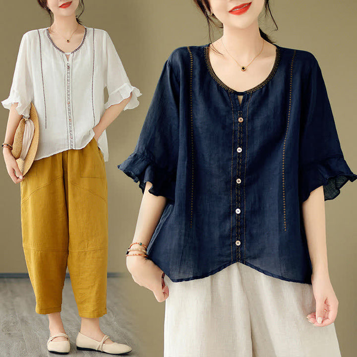 Buddha Stones Camicia da donna a maniche corte svasate con scollo rotondo e bottoni ricamati - image 26