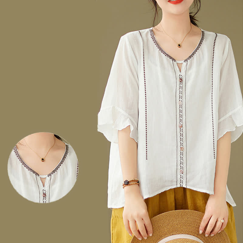 Buddha Stones Camicia da donna a maniche corte svasate con scollo rotondo e bottoni ricamati - image 4