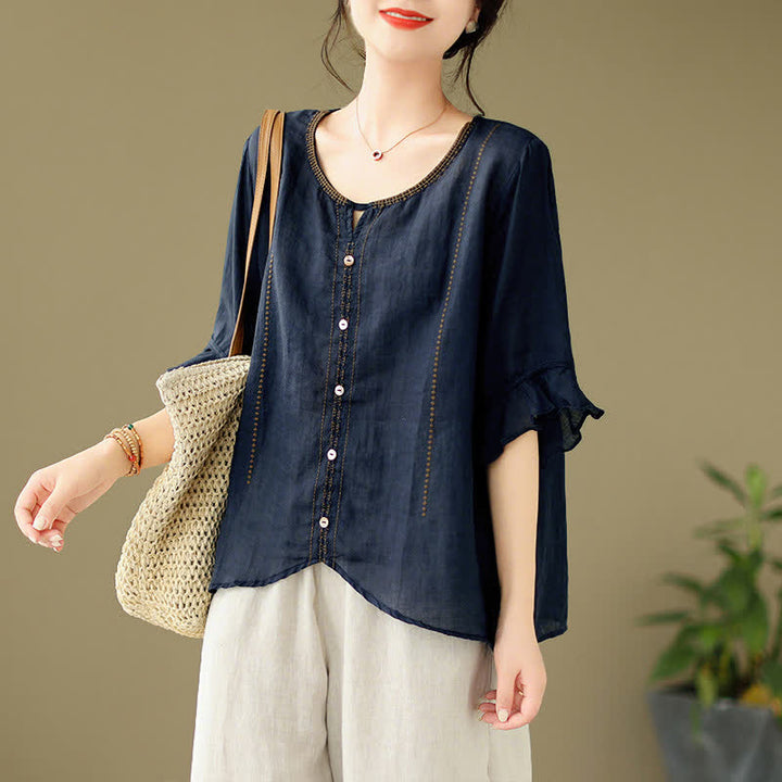 Buddha Stones Camicia da donna a maniche corte svasate con scollo rotondo e bottoni ricamati - Blu mezzanotte - Tessuto leggero - image 13
