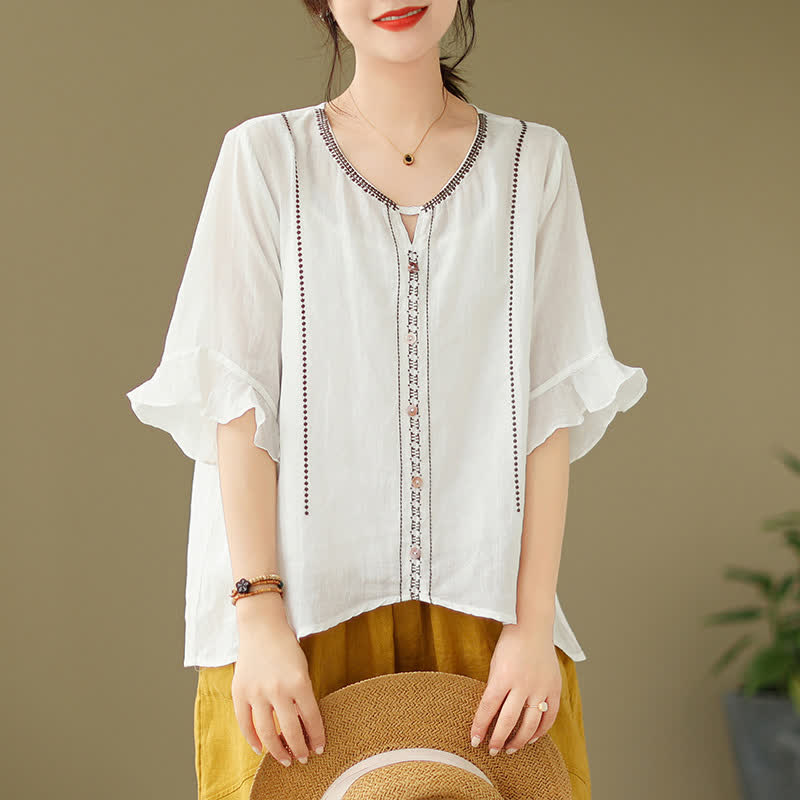 Buddha Stones Camicia da donna a maniche corte svasate con scollo rotondo e bottoni ricamati - Bianco - Tessuto leggero - image 0