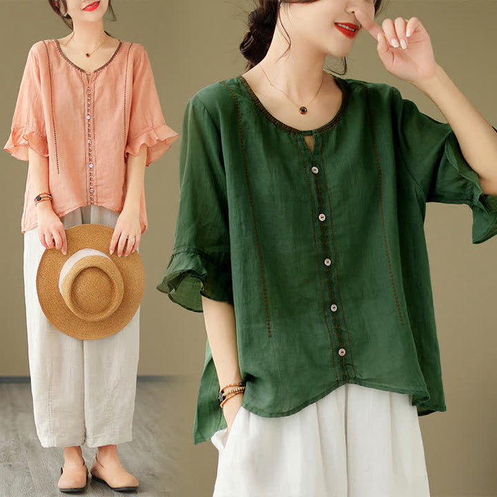Buddha Stones Camicia da donna a maniche corte svasate con scollo rotondo e bottoni ricamati - image 25