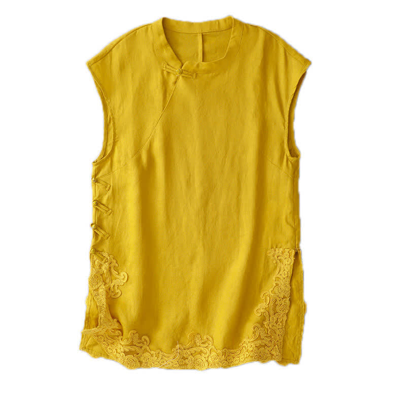 Buddha Stones Gilet da donna senza maniche in cotone con colletto alla coreana e inserti in pizzo a forma di rana cinese. - image 8