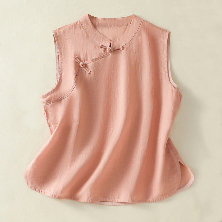 Buddha Stones Gilet da donna senza maniche, tinta unita, con bottoni a rana, colletto alla coreana, stile retrò estivo. - Salmone chiaro - US12, UK/AU16, EU44 (2XL) - image 0