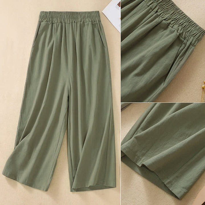 Buddha Stones Pantaloni capri da donna a vita alta, gamba larga, in cotone, con tasche. - image 17