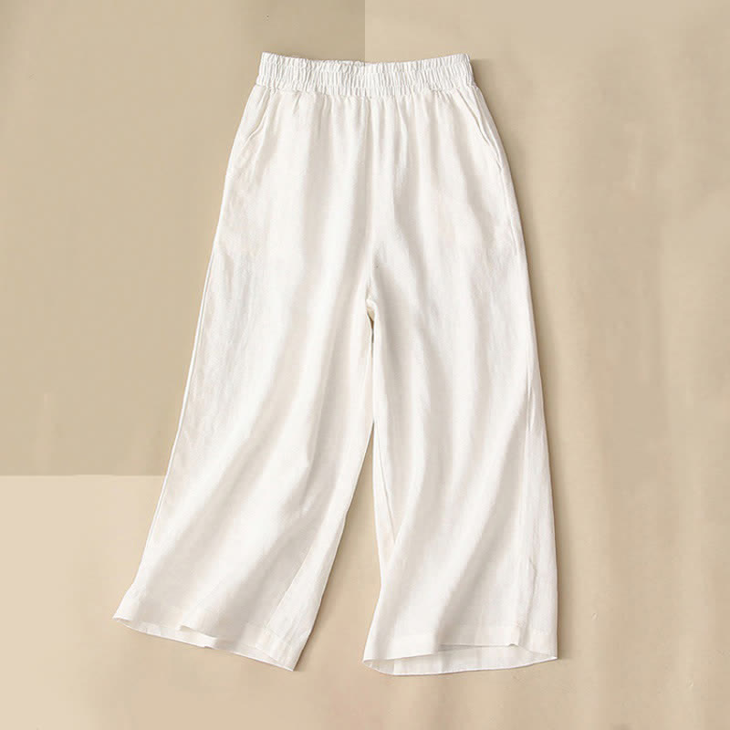 Buddha Stones Pantaloni capri da donna a vita alta, gamba larga, in cotone, con tasche. - Bianco - US8-10, UK/AU12-14, EU40-42 (2XL) - image 7
