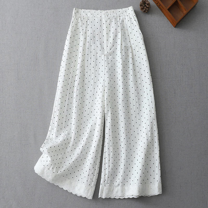 Buddha Stones Pantaloni capri da donna a gamba larga in cotone con inserti in pizzo a pois e tasche. - Bianco - US8-10, UK/AU12-14, EU40-42 (2XL) - image 4