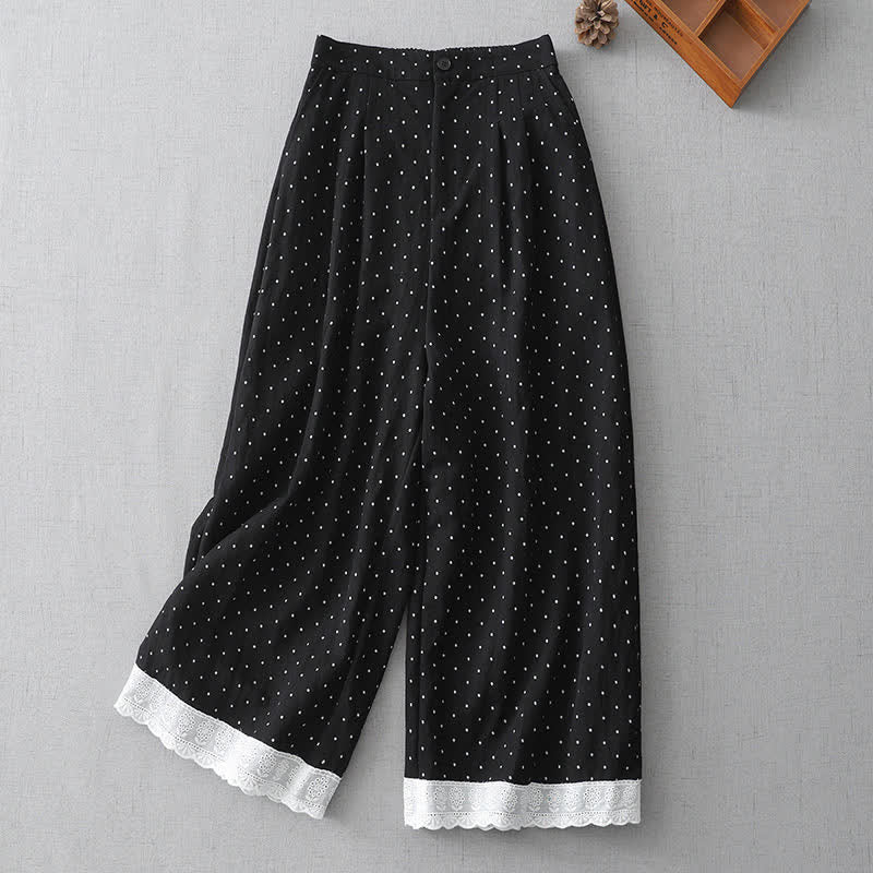 Buddha Stones Pantaloni capri da donna a gamba larga in cotone con inserti in pizzo a pois e tasche. - Nero - US8-10, UK/AU12-14, EU40-42 (2XL) - image 0