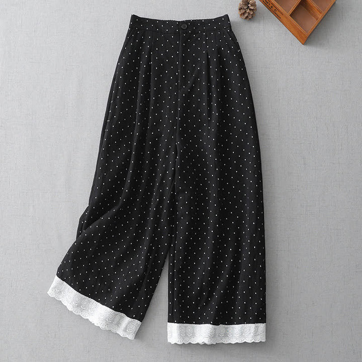 Buddha Stones Pantaloni capri da donna a gamba larga in cotone con inserti in pizzo a pois e tasche. - Nero - US8-10, UK/AU12-14, EU40-42 (2XL) - image 0