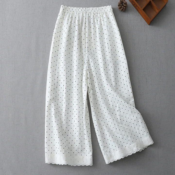 Buddha Stones Pantaloni capri da donna a gamba larga in cotone con inserti in pizzo a pois e tasche. - image 5