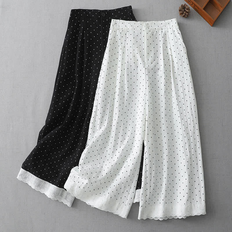 Buddha Stones Pantaloni capri da donna a gamba larga in cotone con inserti in pizzo a pois e tasche. - image 13