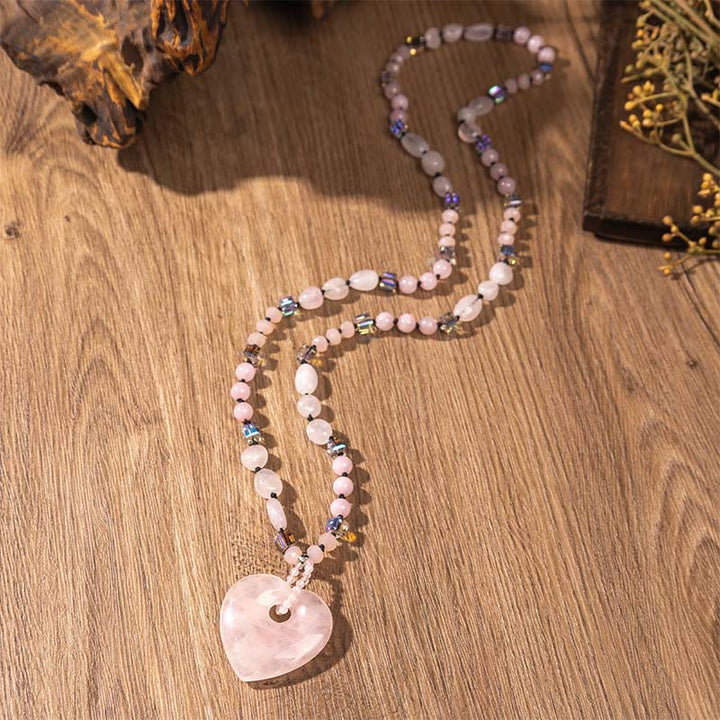 Buddha Stones Collana con ciondolo a forma di cuore in quarzo rosa e avventurina verde, portafortuna - Quarzo rosa - image 1
