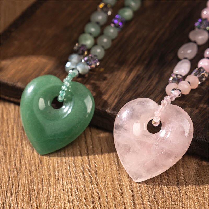 Buddha Stones Collana con ciondolo a forma di cuore in quarzo rosa e avventurina verde, portafortuna - image 9