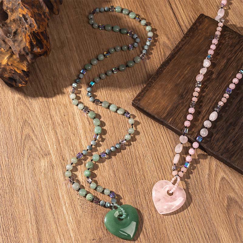 Buddha Stones Collana con ciondolo a forma di cuore in quarzo rosa e avventurina verde, portafortuna - image 7