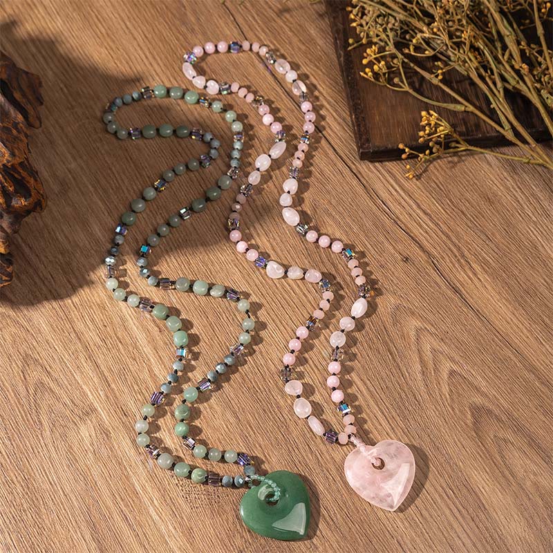 Buddha Stones Collana con ciondolo a forma di cuore in quarzo rosa e avventurina verde, portafortuna - image 8