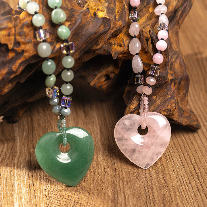 Buddha Stones Collana con ciondolo a forma di cuore in quarzo rosa e avventurina verde, portafortuna - image 0