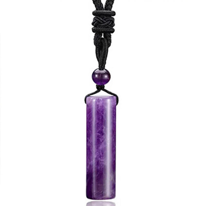 Buddha Stones Collana con ciondolo cilindrico a tema guarigione in vari cristalli di quarzo rosa, avventurina verde e ametista. - Ametista - image 1