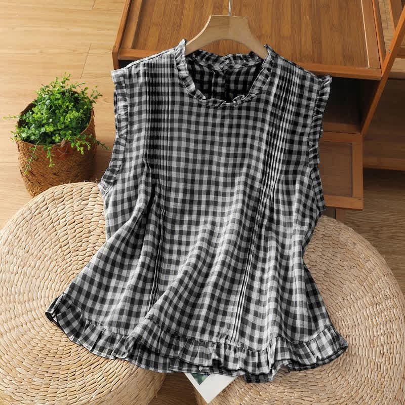 Buddha Stones T-shirt da donna senza maniche con scollo rotondo, fantasia a quadri e volant, chiusura con bottoni sul retro, ideale per l'estate. - Nero - US8-10, UK/AU12-14, EU40-42 (2XL) - image 0