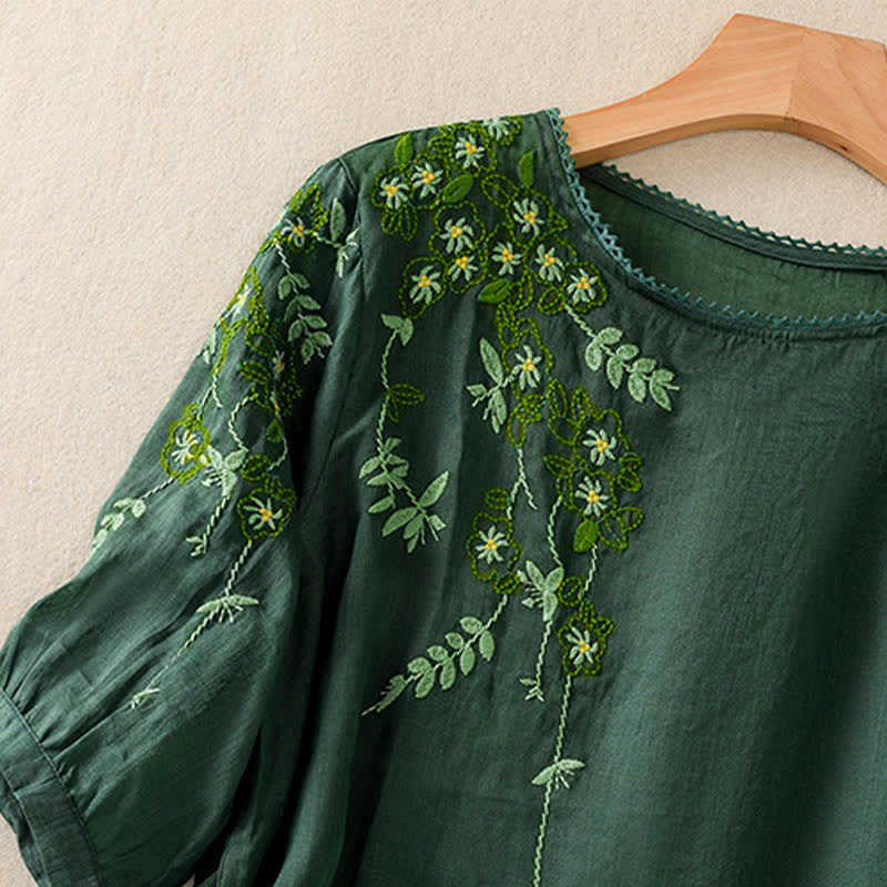 Buddha Stones Camicia da donna a maniche corte con scollo rotondo e ricamo floreale in stile retrò. - image 3