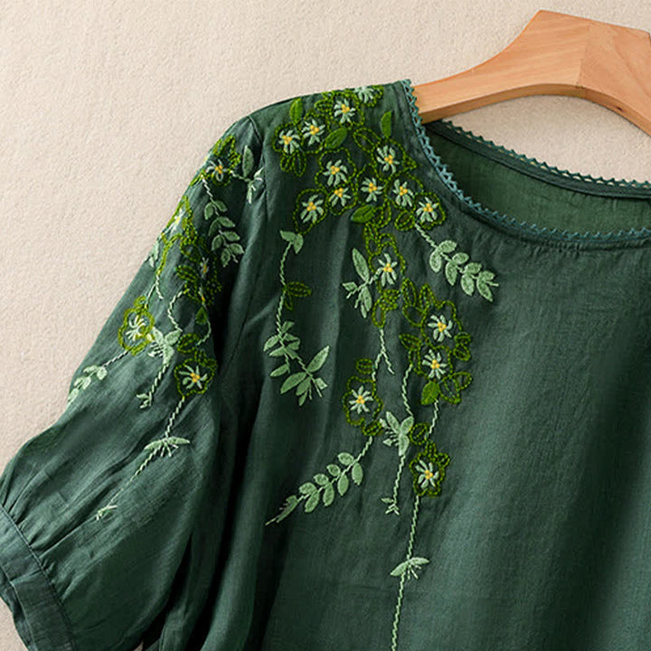 Buddha Stones Camicia da donna a maniche corte con scollo rotondo e ricamo floreale in stile retrò. - image 3