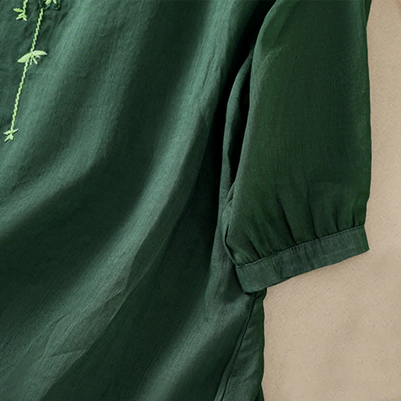 Buddha Stones Camicia da donna a maniche corte con scollo rotondo e ricamo floreale in stile retrò. - image 5