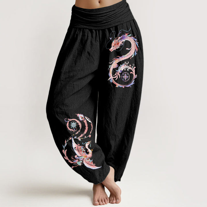 Buddha Stones Pantaloni harem da donna in cotone con motivo drago volante e fenice, con elastico in vita. - Nero - US16, UK/AU20, EU48 (3XL) - image 0