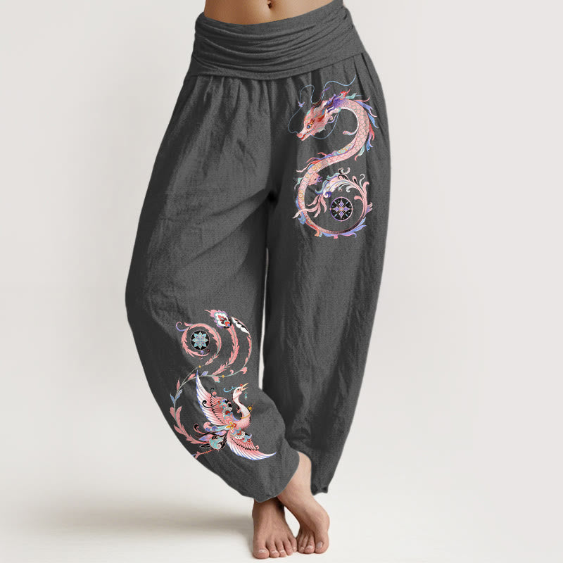 Buddha Stones Pantaloni harem da donna in cotone con motivo drago volante e fenice, con elastico in vita. - Grigio tenue - US16, UK/AU20, EU48 (3XL) - image 11