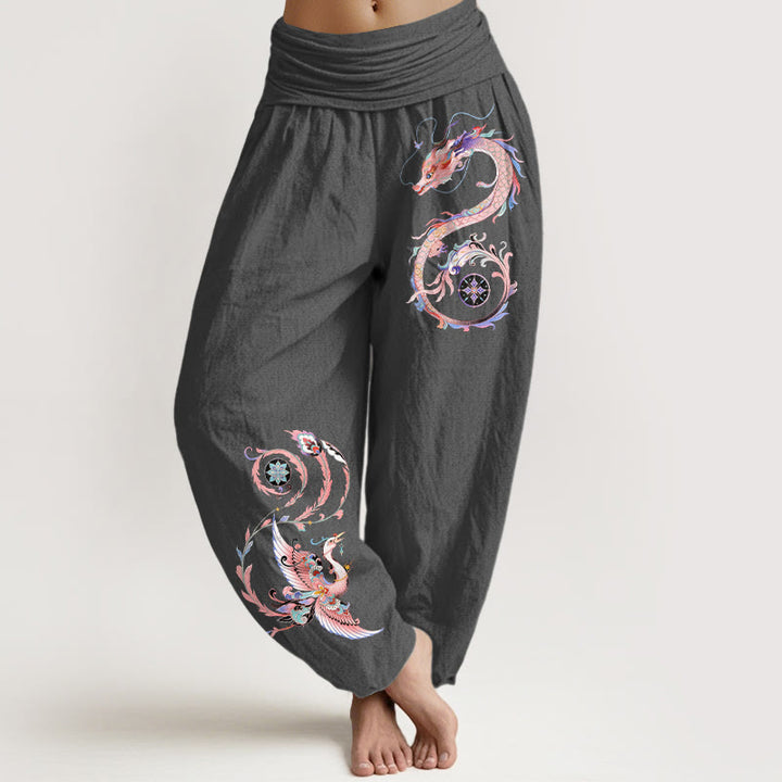 Buddha Stones Pantaloni harem da donna in cotone con motivo drago volante e fenice, con elastico in vita. - Grigio tenue - US16, UK/AU20, EU48 (3XL) - image 11
