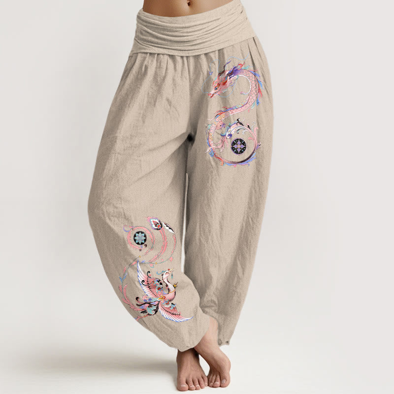 Buddha Stones Pantaloni harem da donna in cotone con motivo drago volante e fenice, con elastico in vita. - Tan - US16, UK/AU20, EU48 (3XL) - image 5