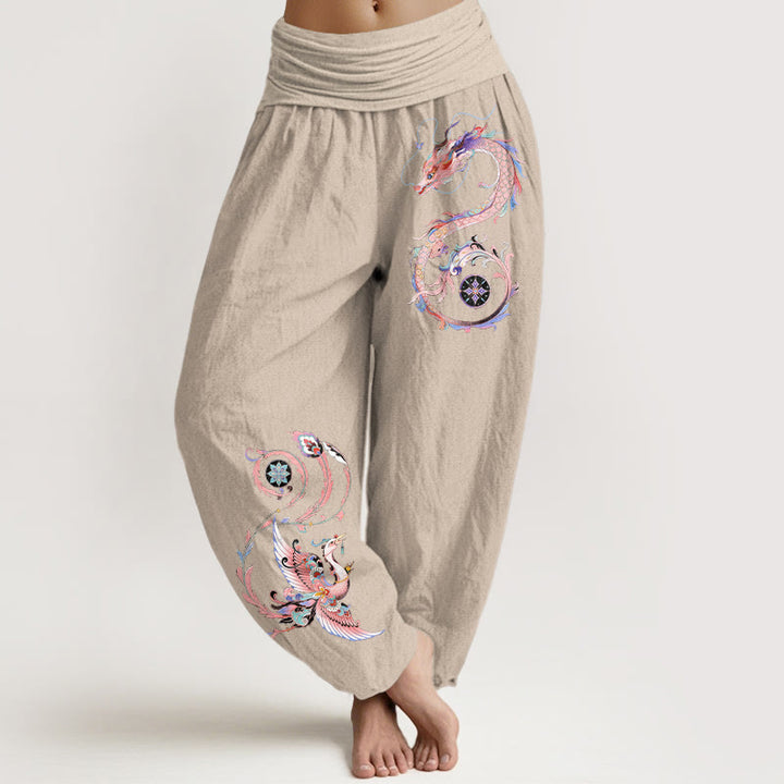 Buddha Stones Pantaloni harem da donna in cotone con motivo drago volante e fenice, con elastico in vita. - Tan - US16, UK/AU20, EU48 (3XL) - image 5