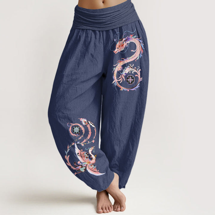 Buddha Stones Pantaloni harem da donna in cotone con motivo drago volante e fenice, con elastico in vita. - Blu ardesia scuro - US16, UK/AU20, EU48 (3XL) - image 8