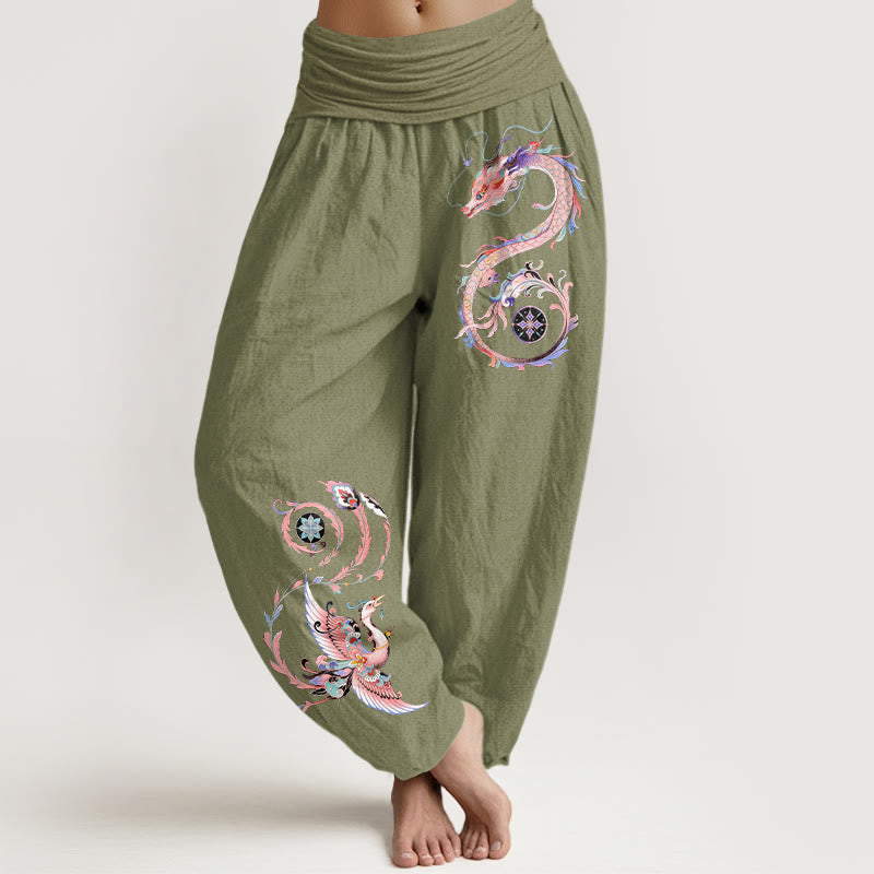 Buddha Stones Pantaloni harem da donna in cotone con motivo drago volante e fenice, con elastico in vita. - Verde oliva - US16, UK/AU20, EU48 (3XL) - image 14