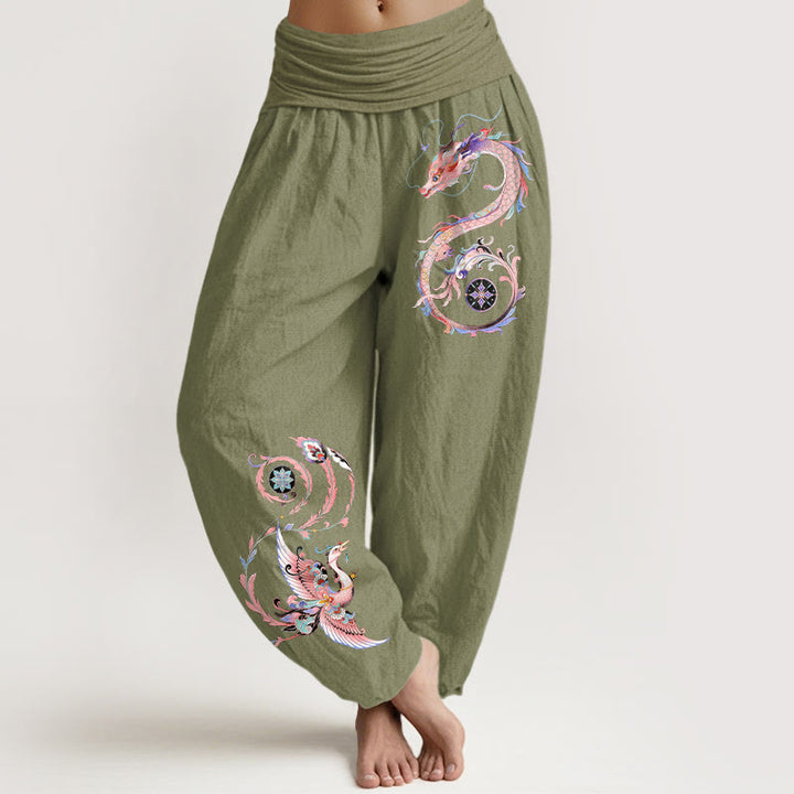 Buddha Stones Pantaloni harem da donna in cotone con motivo drago volante e fenice, con elastico in vita. - Verde oliva - US16, UK/AU20, EU48 (3XL) - image 14