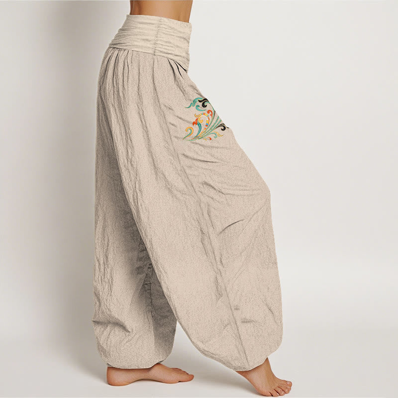 Buddha Stones Pantaloni harem da donna in cotone con motivo floreale di loto colorato e vita elasticizzata - image 13