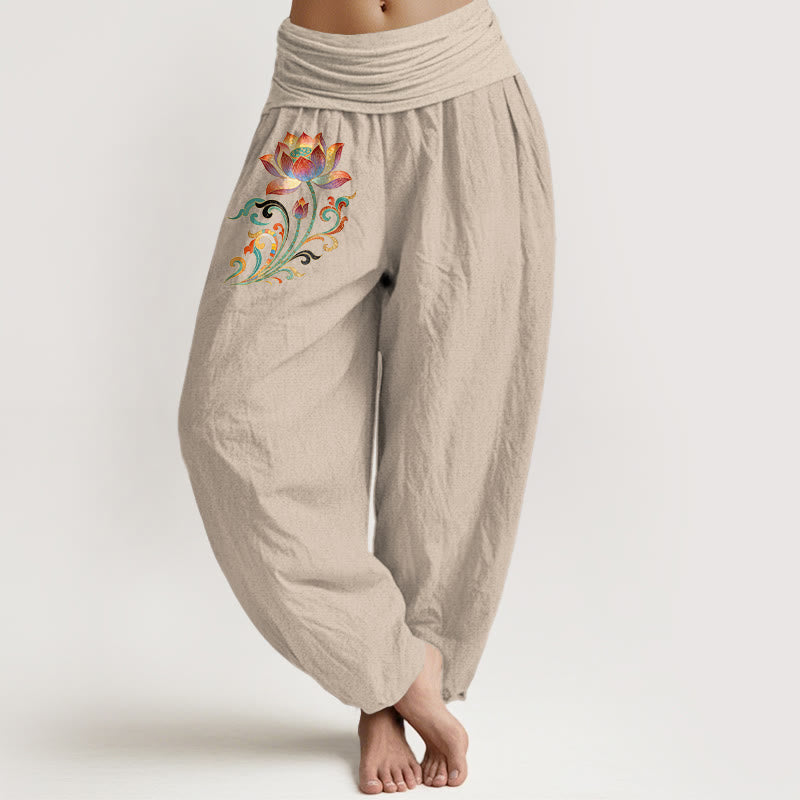 Buddha Stones Pantaloni harem da donna in cotone con motivo floreale di loto colorato e vita elasticizzata - Tan - US16, UK/AU20, EU48 (3XL) - image 11