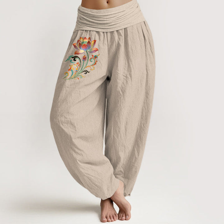 Buddha Stones Pantaloni harem da donna in cotone con motivo floreale di loto colorato e vita elasticizzata - Tan - US16, UK/AU20, EU48 (3XL) - image 11