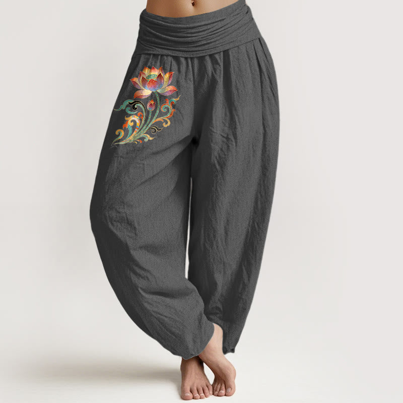 Buddha Stones Pantaloni harem da donna in cotone con motivo floreale di loto colorato e vita elasticizzata - Grigio tenue - US16, UK/AU20, EU48 (3XL) - image 8