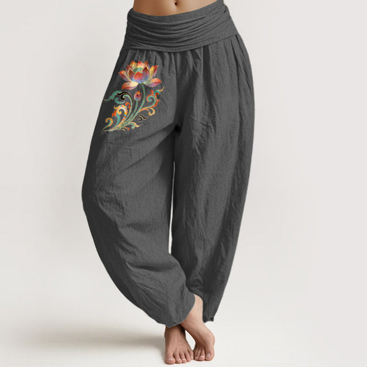 Buddha Stones Pantaloni harem da donna in cotone con motivo floreale di loto colorato e vita elasticizzata - Grigio tenue - US16, UK/AU20, EU48 (3XL) - image 8