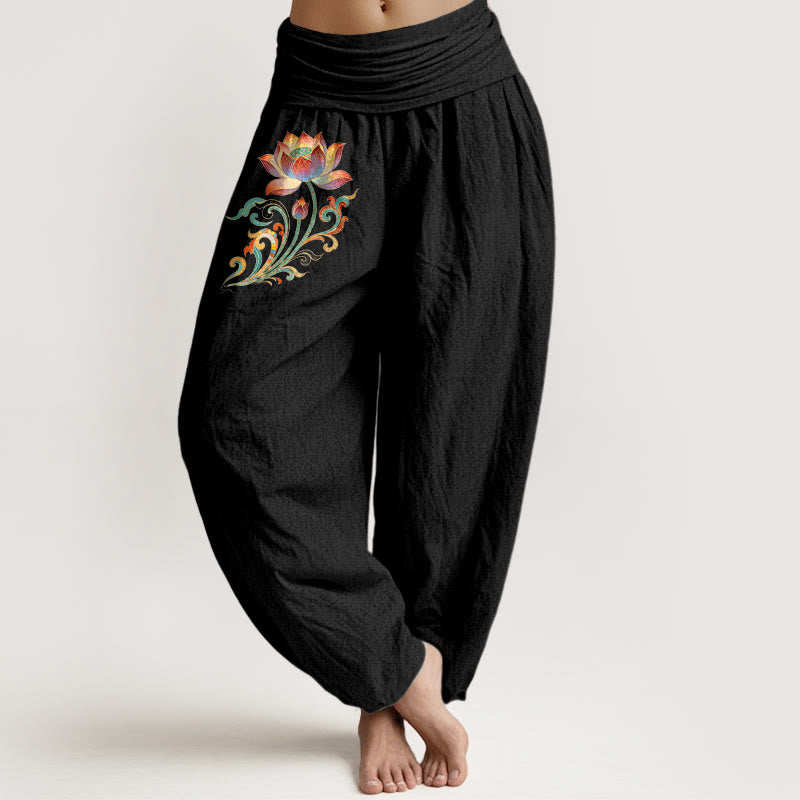 Buddha Stones Pantaloni harem da donna in cotone con motivo floreale di loto colorato e vita elasticizzata - Nero - US16, UK/AU20, EU48 (3XL) - image 5