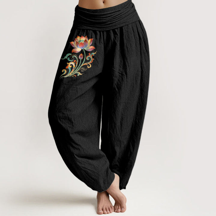 Buddha Stones Pantaloni harem da donna in cotone con motivo floreale di loto colorato e vita elasticizzata - Nero - US16, UK/AU20, EU48 (3XL) - image 5