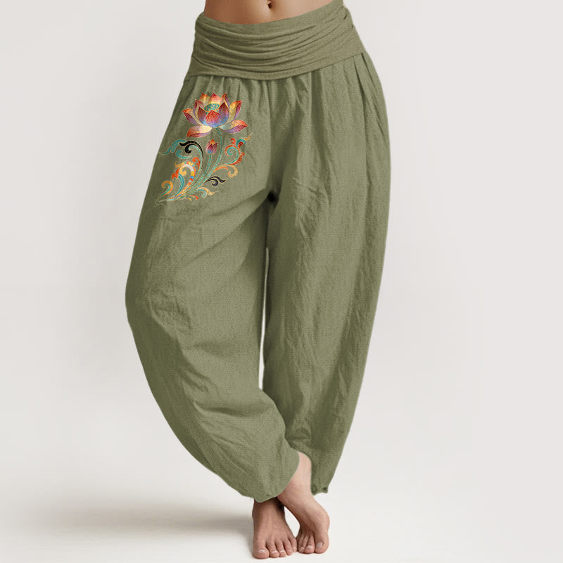 Buddha Stones Pantaloni harem da donna in cotone con motivo floreale di loto colorato e vita elasticizzata - Verde oliva - US16, UK/AU20, EU48 (3XL) - image 14