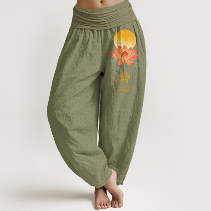 Buddha Stones Pantaloni harem da donna in cotone con motivo a luna piena e fiore di loto, con elastico in vita. - Verde oliva - US16, UK/AU20, EU48 (3XL) - image 14