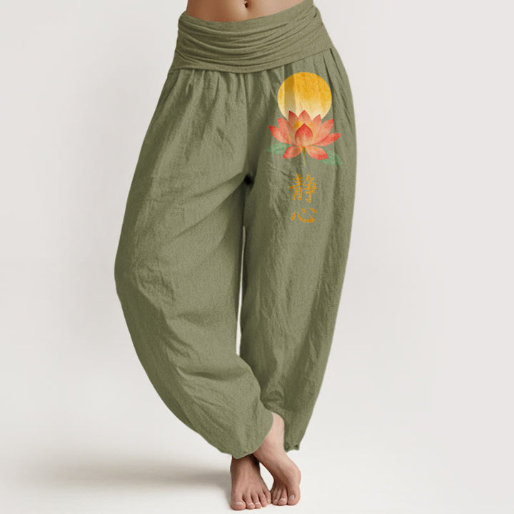 Buddha Stones Pantaloni harem da donna in cotone con motivo a luna piena e fiore di loto, con elastico in vita. - Verde oliva - US16, UK/AU20, EU48 (3XL) - image 14