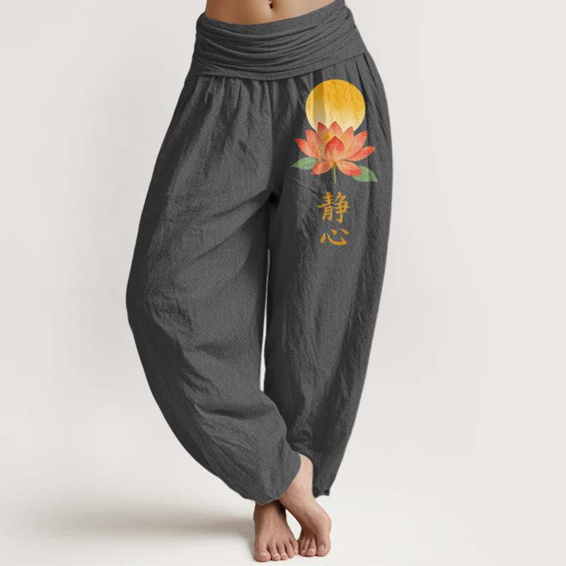 Buddha Stones Pantaloni harem da donna in cotone con motivo a luna piena e fiore di loto, con elastico in vita. - Grigio tenue - US16, UK/AU20, EU48 (3XL) - image 8