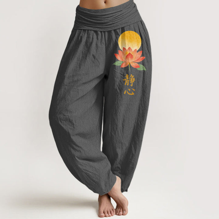 Buddha Stones Pantaloni harem da donna in cotone con motivo a luna piena e fiore di loto, con elastico in vita. - Grigio tenue - US16, UK/AU20, EU48 (3XL) - image 8