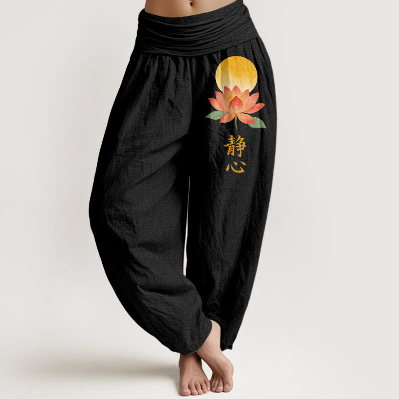 Buddha Stones Pantaloni harem da donna in cotone con motivo a luna piena e fiore di loto, con elastico in vita. - Nero - US16, UK/AU20, EU48 (3XL) - image 0