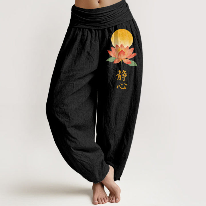 Buddha Stones Pantaloni harem da donna in cotone con motivo a luna piena e fiore di loto, con elastico in vita. - Nero - US16, UK/AU20, EU48 (3XL) - image 0