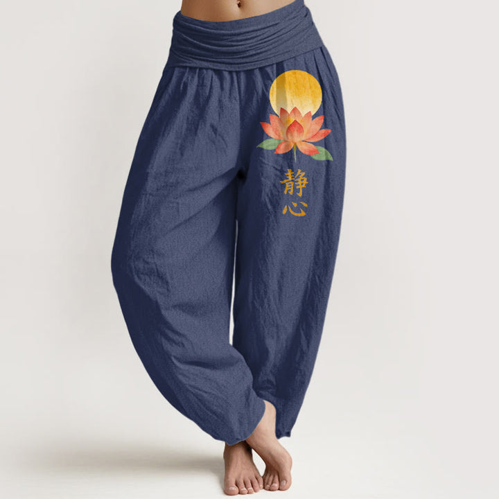Buddha Stones Pantaloni harem da donna in cotone con motivo a luna piena e fiore di loto, con elastico in vita. - Blu ardesia scuro - US16, UK/AU20, EU48 (3XL) - image 5