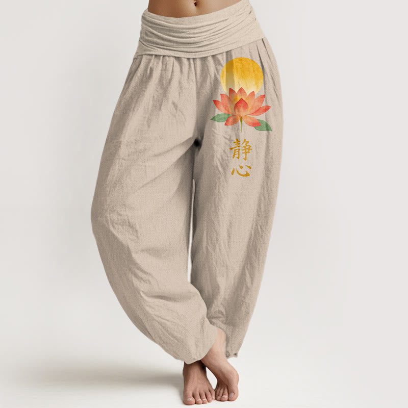Buddha Stones Pantaloni harem da donna in cotone con motivo a luna piena e fiore di loto, con elastico in vita. - Tan - US16, UK/AU20, EU48 (3XL) - image 11