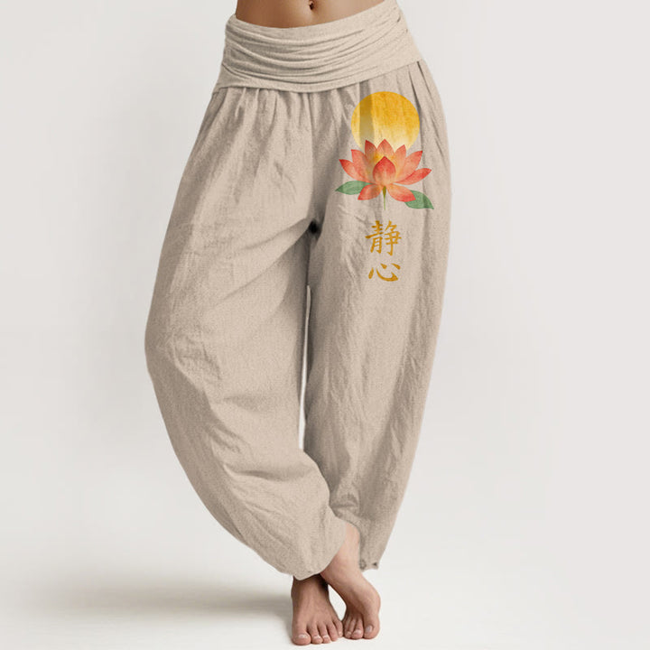 Buddha Stones Pantaloni harem da donna in cotone con motivo a luna piena e fiore di loto, con elastico in vita. - Tan - US16, UK/AU20, EU48 (3XL) - image 11